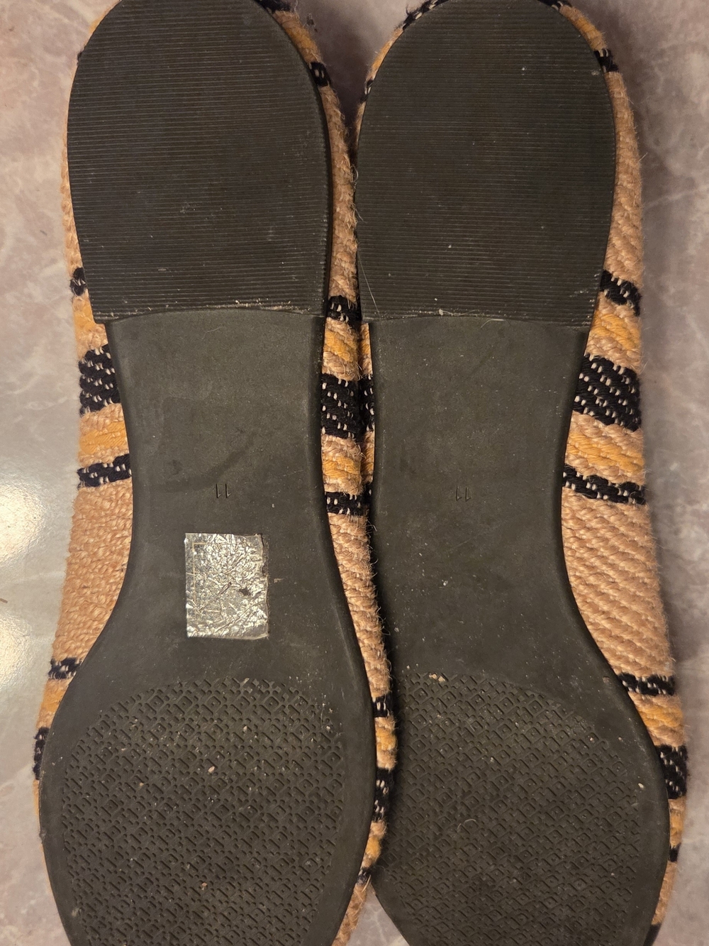 Tory Burch Black & Tan Striped Canvas Ballet Flats with Logo Medallion - Picture 6 of 6